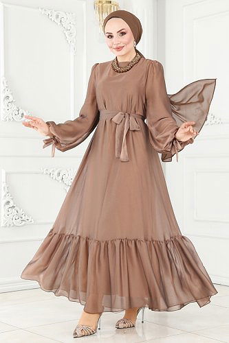 moda selvim Evening Dress 2401PN204 Latte - Thumbnail