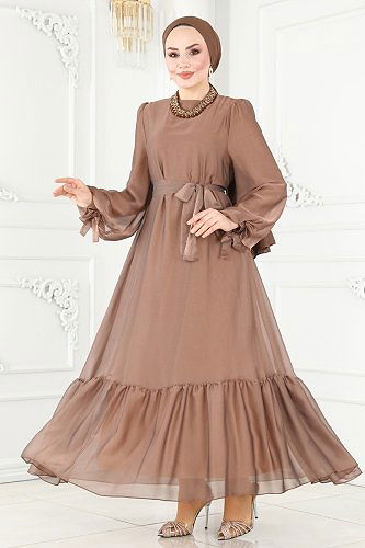 moda selvim Evening Dress 2401PN204 Latte - Thumbnail