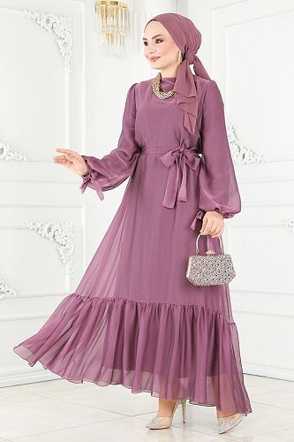 moda selvim فستان سهرة وردي 2401PN204 - Thumbnail