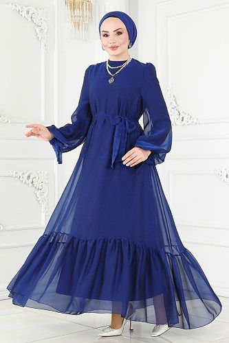 moda selvim Evening Dress 2401PN204 Saxe - Thumbnail