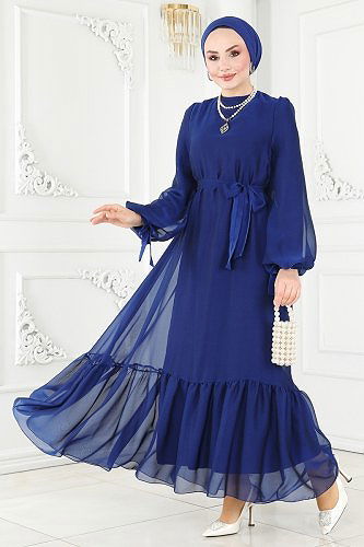 moda selvim فستان سهرة نيلي 2401PN204 - Thumbnail