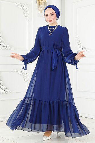 moda selvim فستان سهرة نيلي 2401PN204 - Thumbnail