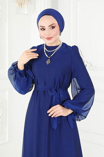 moda selvim فستان سهرة نيلي 2401PN204 - Thumbnail