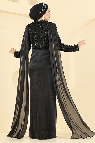 moda selvim فستان سهرة أسود 241DMNK1166 - Thumbnail