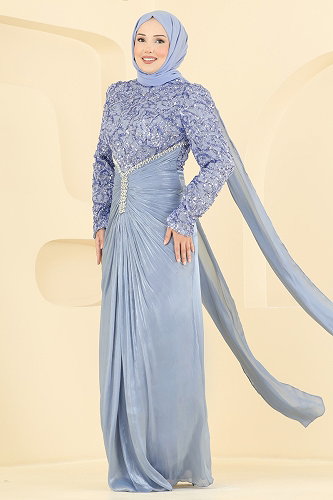 moda selvim فستان سهرة أزرق 241DMNK1166 - Thumbnail