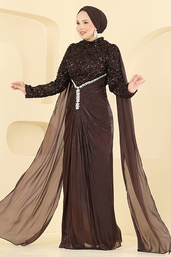 moda selvim Evening Dress 241DMNK1166 Brown - Thumbnail