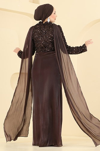 moda selvim فستان سهرة بني 241DMNK1166 - Thumbnail