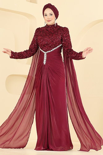 moda selvim فستان سهرة خمري 241DMNK1166 - Thumbnail