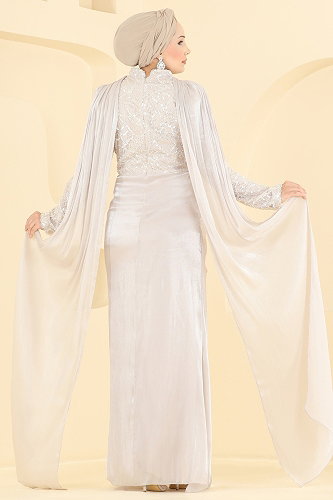 moda selvim Evening Dress 241DMNK1166 Cream - Thumbnail