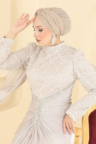 moda selvim فستان سهرة كريمي 241DMNK1166 - Thumbnail