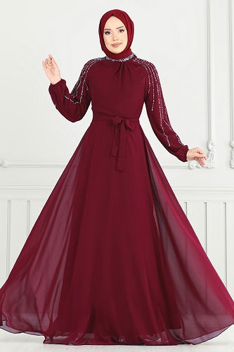 moda selvim Evening Dress 2420ANT466 Burgundy - Thumbnail