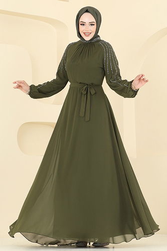 moda selvim Evening Dress 2420ANT466 Khaki - Thumbnail