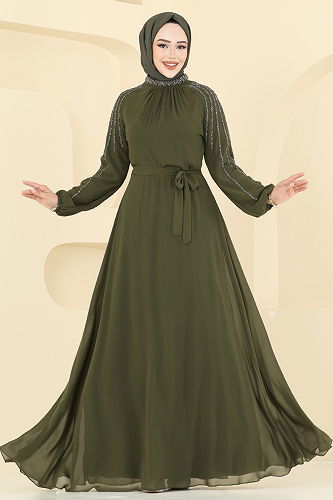 moda selvim Evening Dress 2420ANT466 Khaki - Thumbnail