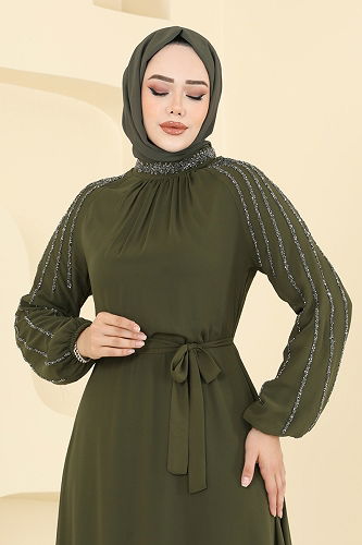 moda selvim فستان سهرة اخضر عفني 2420ANT466 - Thumbnail