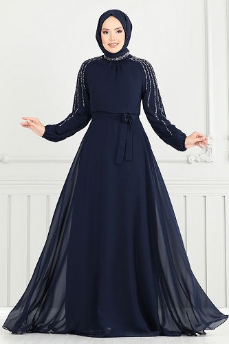 moda selvim Evening Dress 2420ANT466 Navy Blue - Thumbnail