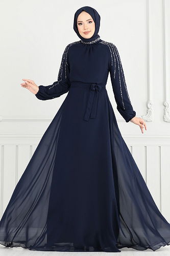 moda selvim Evening Dress 2420ANT466 Navy Blue - Thumbnail