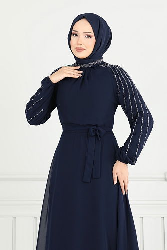 moda selvim Evening Dress 2420ANT466 Navy Blue - Thumbnail