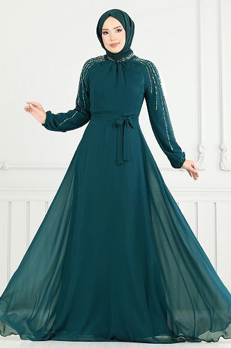 moda selvim فستان سهرة بترولي 2420ANT466 - Thumbnail