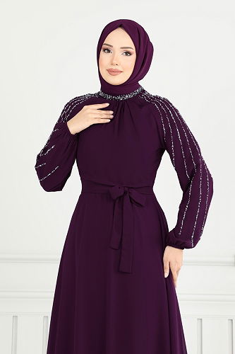 moda selvim Evening Dress 2420ANT466 Purple - Thumbnail