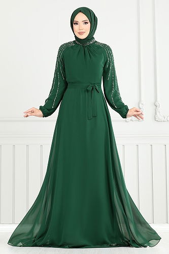 moda selvim فستان سهرة زيتي 2420ANT904-M - Thumbnail