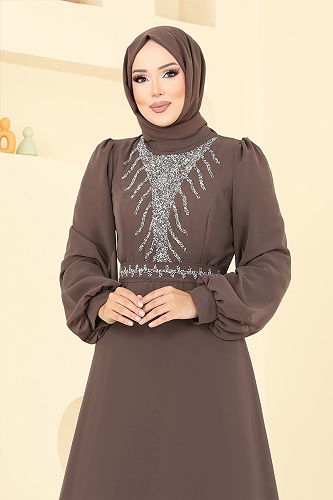 moda selvim فستان سهرة بني 2425ANT904-M - Thumbnail