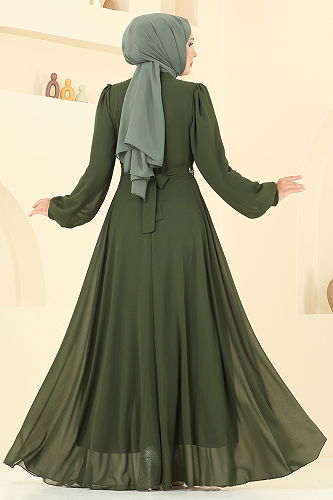 moda selvim فستان سهرة اخضر عفني 2425ANT904-M - Thumbnail