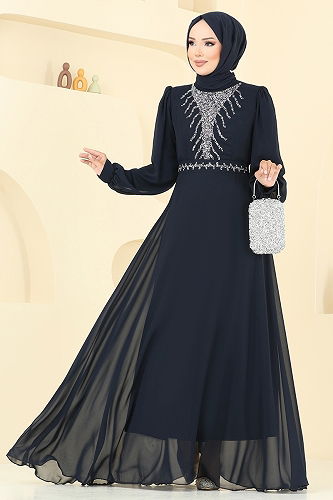 moda selvim فستان سهرة كحلي 2425ANT904-M - Thumbnail