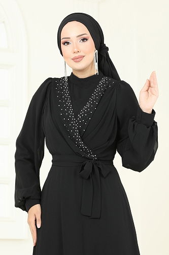 moda selvim Evening Dress 2427ANT466 Black - Thumbnail