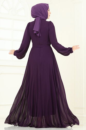 moda selvim Evening Dress 2427ANT466 Damson - Thumbnail