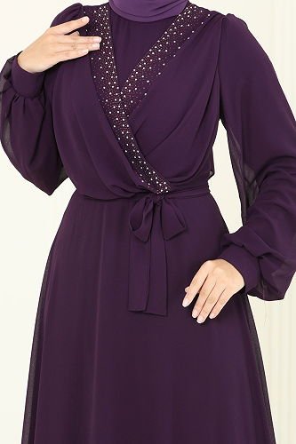 moda selvim Evening Dress 2427ANT466 Damson - Thumbnail