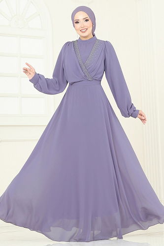 moda selvim Evening Dress 2427ANT466 Lilac - Thumbnail