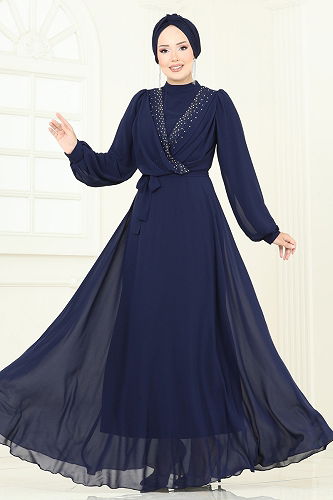 moda selvim Evening Dress 2427ANT466 Navy Blue - Thumbnail