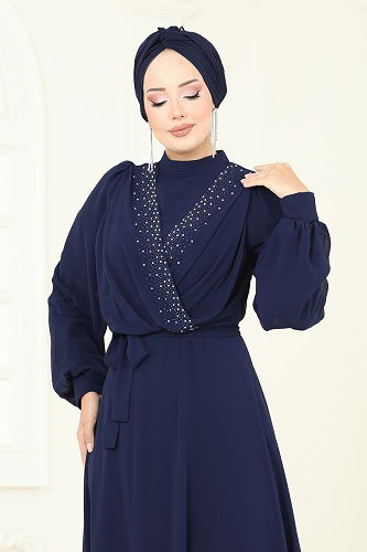 moda selvim Evening Dress 2427ANT466 Navy Blue - Thumbnail