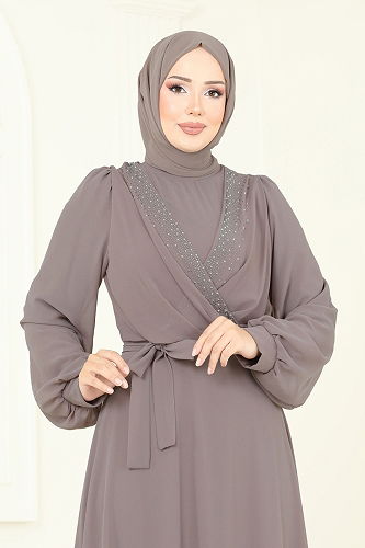 moda selvim فستان سهرة بيج وردي 2427ANT466 - Thumbnail