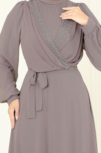 moda selvim فستان سهرة بيج وردي 2427ANT466 - Thumbnail