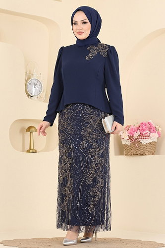 moda selvim Evening Dress 242DMNK1166 Navy Blue - Thumbnail