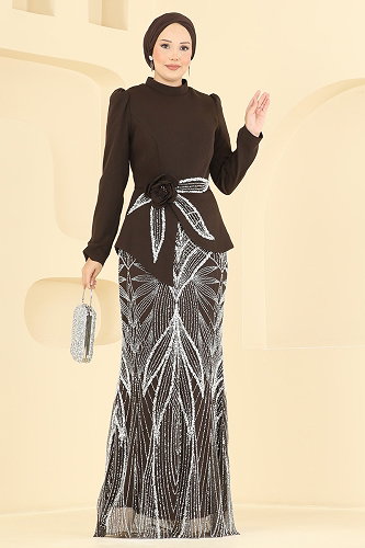moda selvim Evening Dress 243DMNK1166 Bitter Brown - Thumbnail