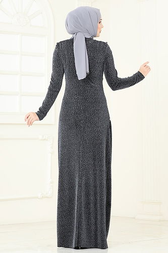moda selvim فستان سهرة رمادي غامق 2447ANT466 - Thumbnail