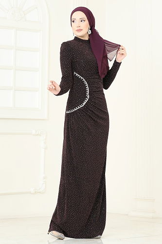 moda selvim فستان سهرة توتي غامق 2447ANT466 - Thumbnail