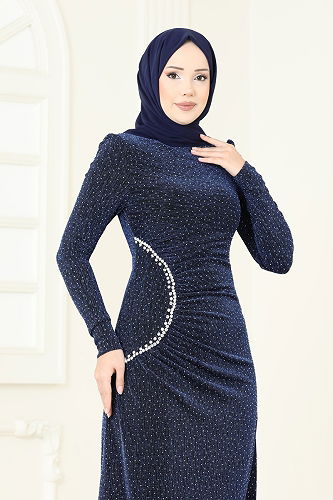 moda selvim فستان سهرة كحلي 2447ANT466 - Thumbnail