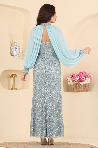 moda selvim فستان سهرة اخضر فاتح 244DMNK1166 - Thumbnail