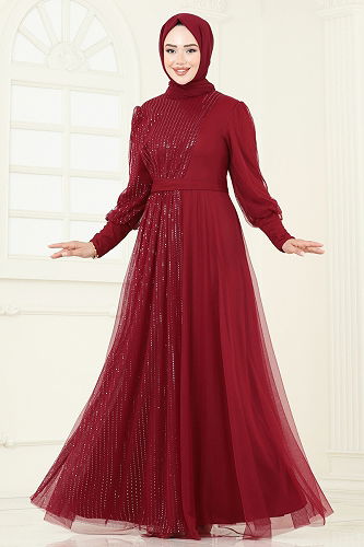 moda selvim Evening Dress 2457ELC1143 Burgundy - Thumbnail