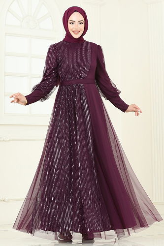 moda selvim Evening Dress 2457ELC1143 Damson - Thumbnail