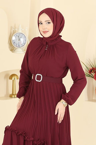 moda selvim فستان سهرة خمري 2468ANT466 - Thumbnail