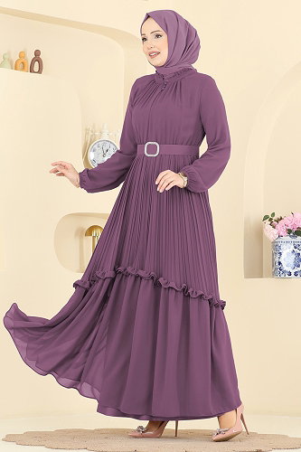 moda selvim فستان سهرة ليلكي غامق 2468ANT466 - Thumbnail
