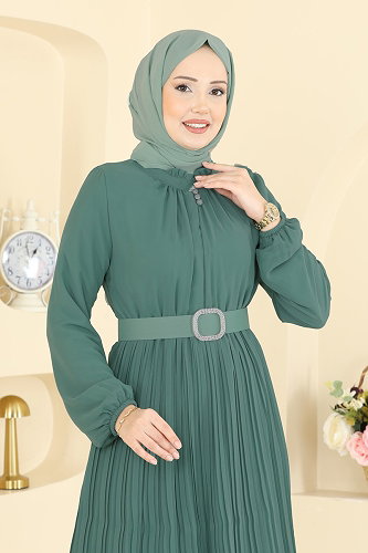 moda selvim فستان سهرة أخضر باهت غامق 2468ANT466 - Thumbnail