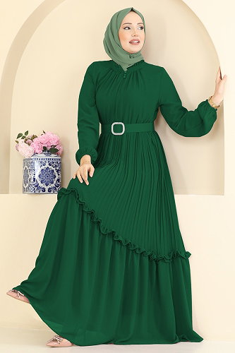 moda selvim فستان سهرة زيتي 2468ANT466 - Thumbnail