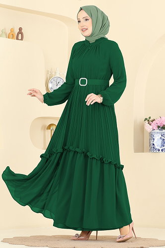 moda selvim فستان سهرة زيتي 2468ANT466 - Thumbnail