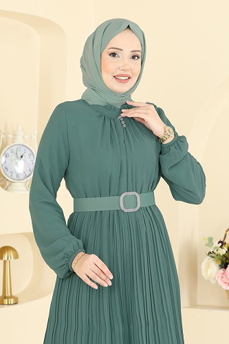 moda selvim فستان سهرة أخضر باهت 2468ANT466 - Thumbnail