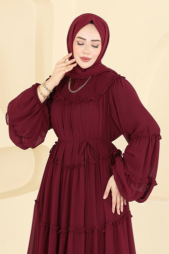 moda selvim فستان سهرة خمري 2479ANT466 - Thumbnail